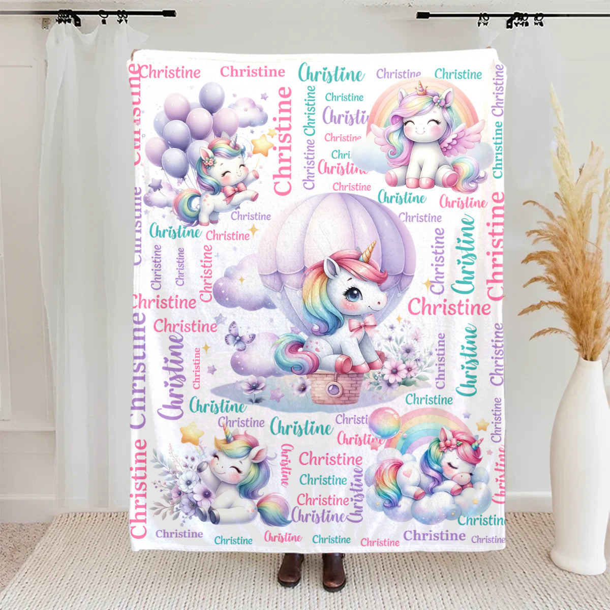 Personalized Cute Stars Rainbow Fantasy Unicorn Soft Throw Blanket with Name