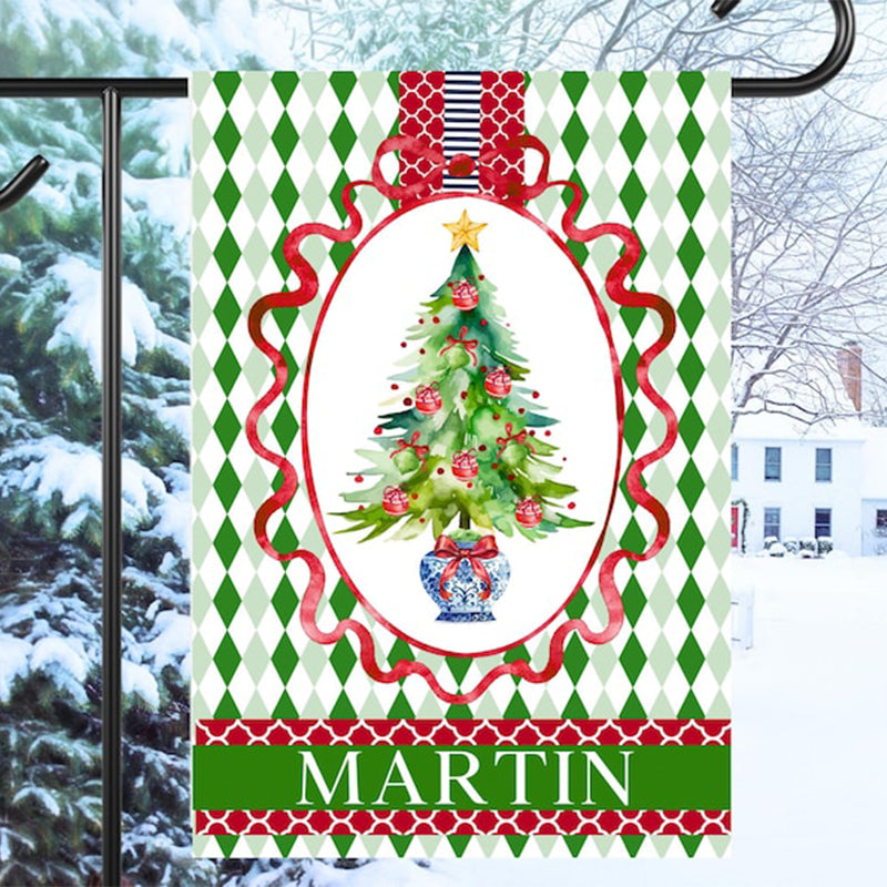 Personalized Chinoiserie Christmas Tree Garden Flag: Argyle Holiday House Flag Outdoor Decor