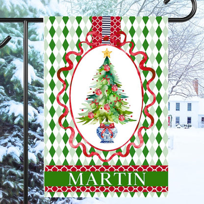 Personalized Chinoiserie Christmas Tree Garden Flag: Argyle Holiday House Flag Outdoor Decor