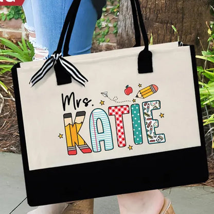 Personalized Teacher Tote Bag, Custom Teacher Name Bag