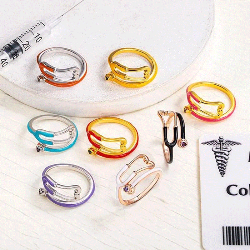 Personalized Multicolor Enamel Stethoscope Heart Birthstone Ring Nurses