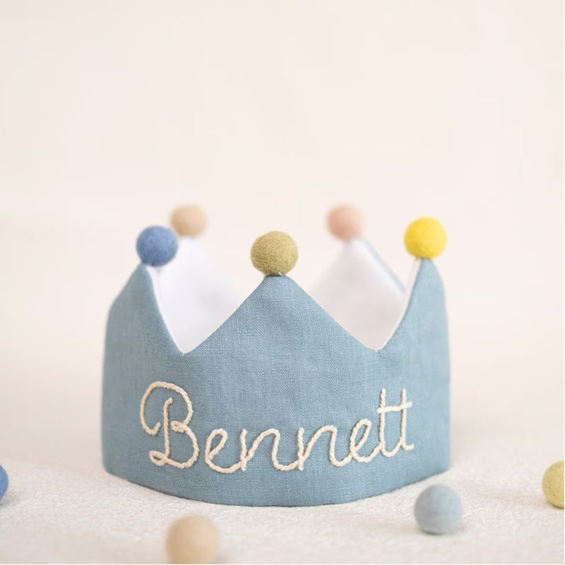Custom Linen Birthday Crown for Birthday | Personalized Gifts with Hand Embroidered Name