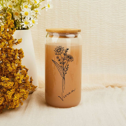 Custom Name Cup With Birth Flower,Birth Month Iced Coffee Cup