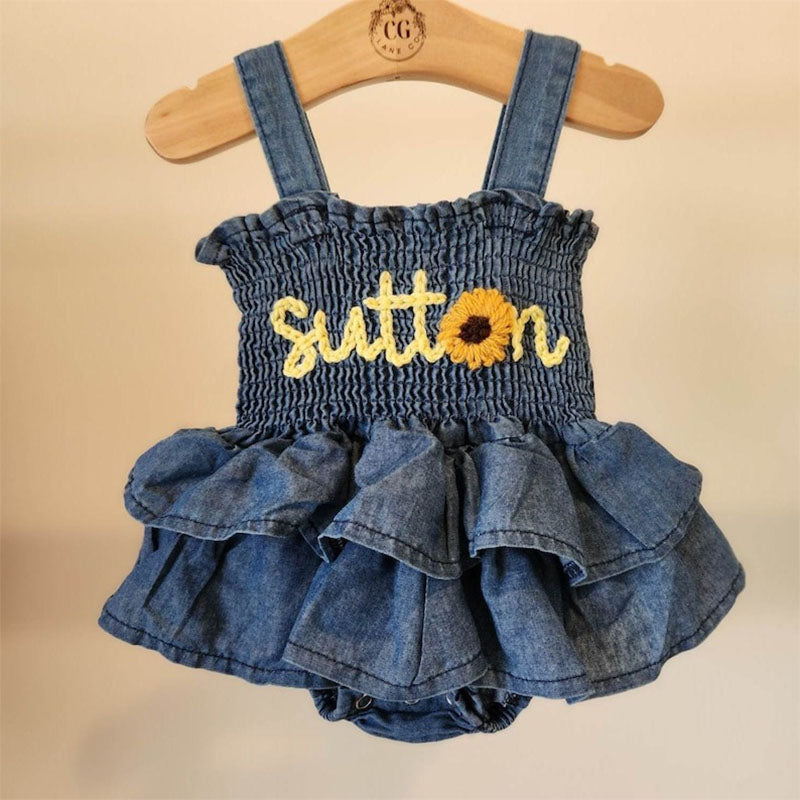 Hand Embroidered Denim Romper, Personalized Birthday Outfit with Name