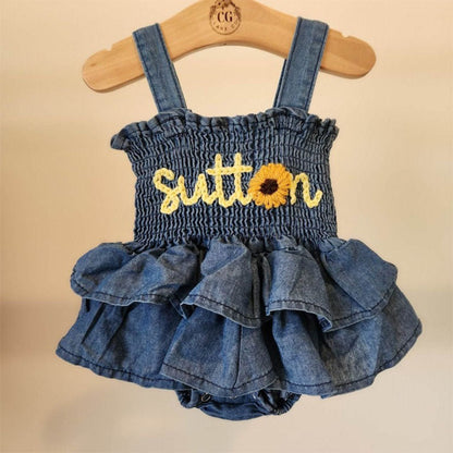 Hand Embroidered Denim Romper, Personalized Birthday Outfit with Name