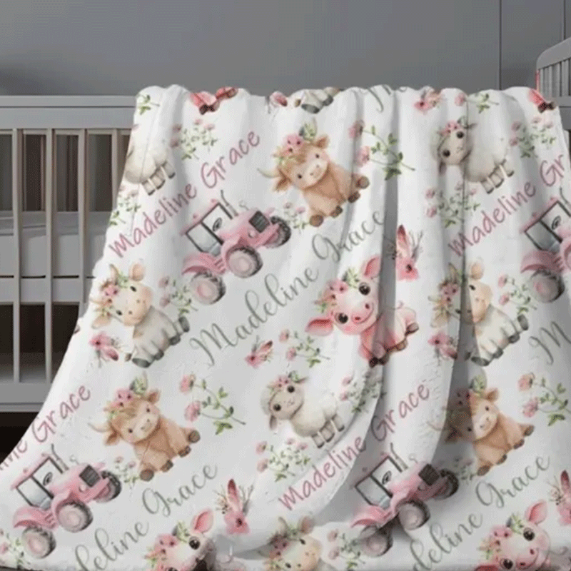 Farm Animals Blanket Baby Girl, Custom Name Blanket Girl, Pink Tractor Minky