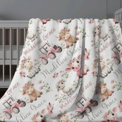 Farm Animals Blanket Baby Girl, Custom Name Blanket Girl, Pink Tractor Minky