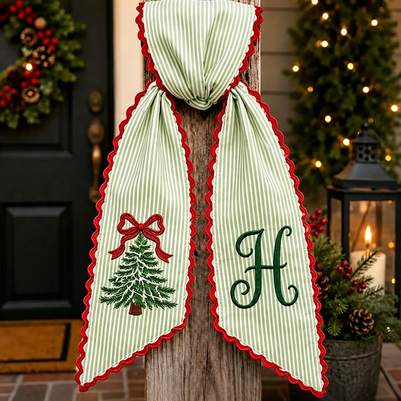 Personalized Christmas Wreath Sash, Pink Gingham Tree Door Bow