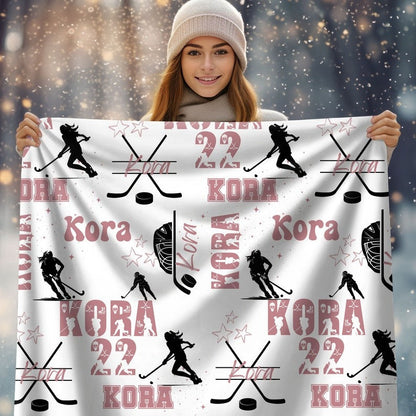 Ice Hockey Girl Personalized Blanket, Custom Name Hockey Throw