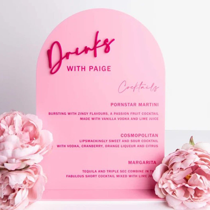 Cocktail Drinks Menu Signage - Printed Drinks Menu "Drinks" with Custom Name