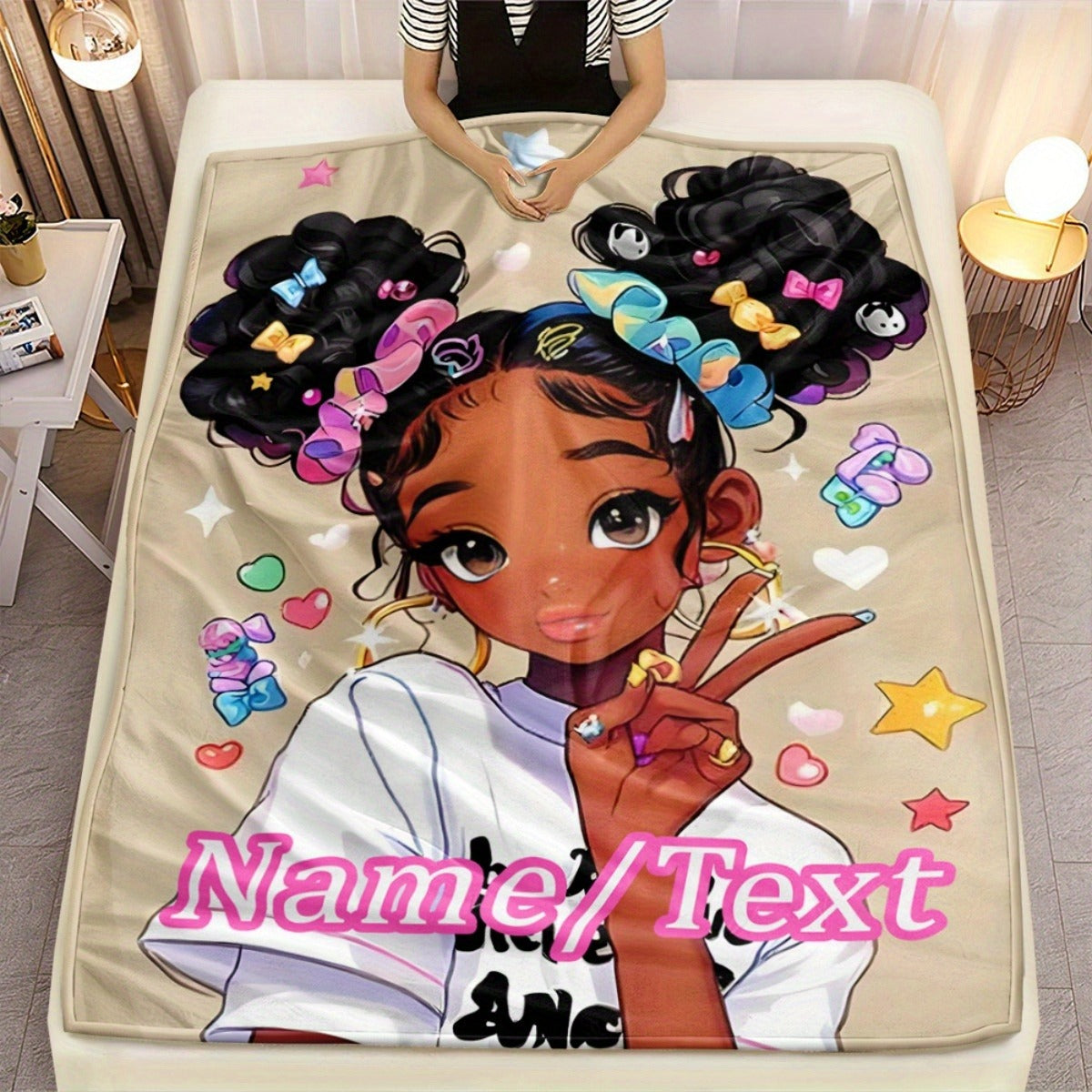 Personalized Custom Name Anime Girl Peace Sign & Anime Characters Fleece Blanket