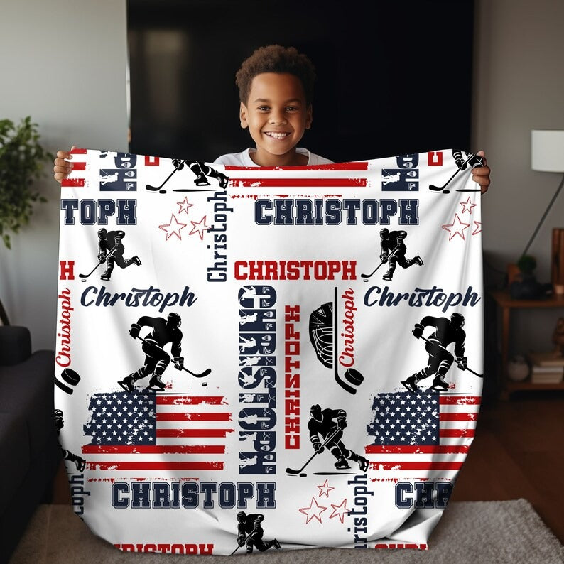Personalized Hockey Boy US Flag Blanket Custom Name Patriotic Hockey Throw