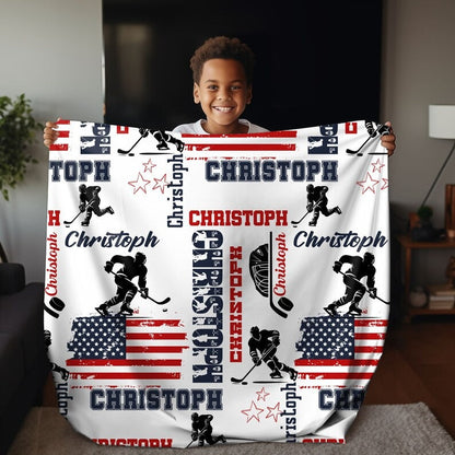 Personalized Hockey Boy US Flag Blanket Custom Name Patriotic Hockey Throw