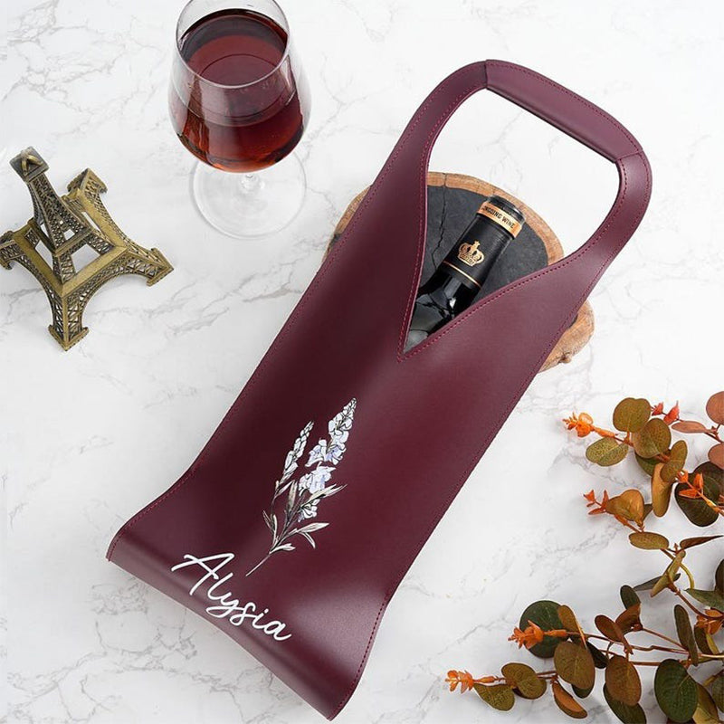 Personalized Birth Flower Leather Wine Bag with Name and Handle Protective Wine Accessories