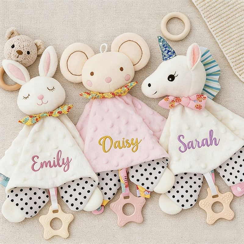 Personalized Plush Animal Baby Comforter: Embroidered Name Security Blanket