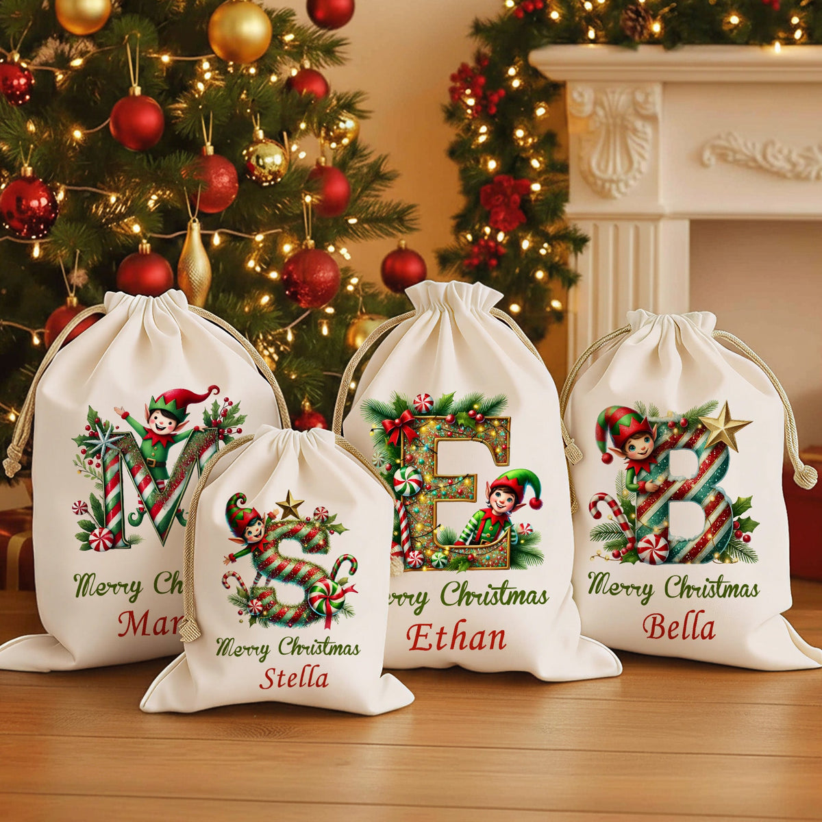 Custom Name Elf & Candy Cane Alphabet Christmas Gift Bag