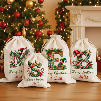 Custom Name Elf & Candy Cane Alphabet Christmas Gift Bag