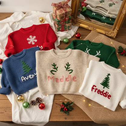 Hand-Embroidered Baby Christmas Sweater, Toddler Holiday Sweater