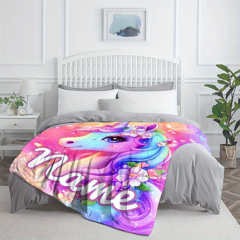 Custom Name Beautiful Dazzling Flower Unicorn Print Portable Blanket