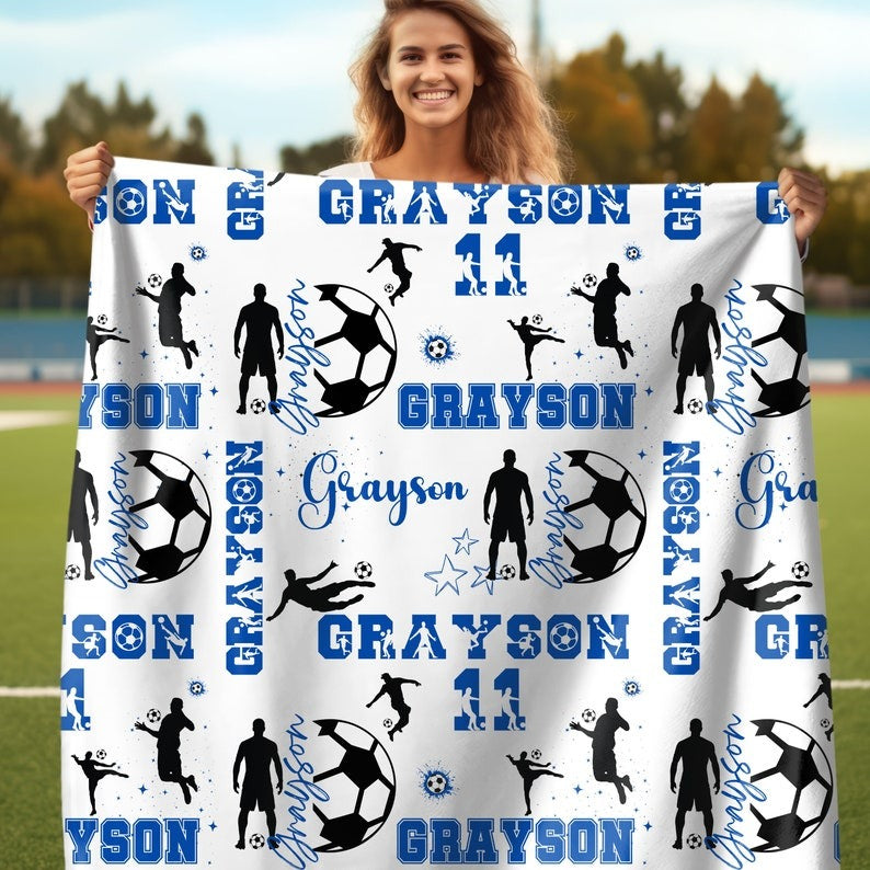 Custom Name Soccer Blanket, Gift for Soccer Player