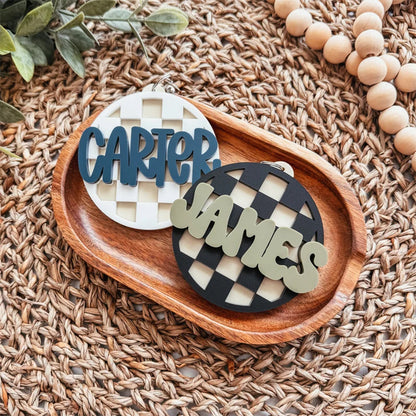 Checkered Backpack Tag, Backpack Name Keychain, 3D Name Keychain