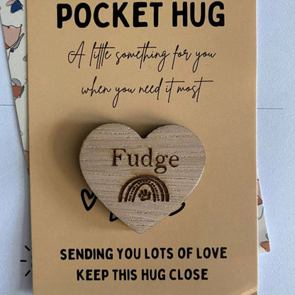 PET POCKET HUG -  Personalised Oak Wood Heart With Card - Rainbow Bridge