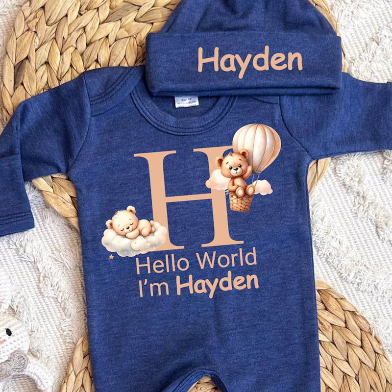 Personalized baby coming home outfit, romper hat set,
