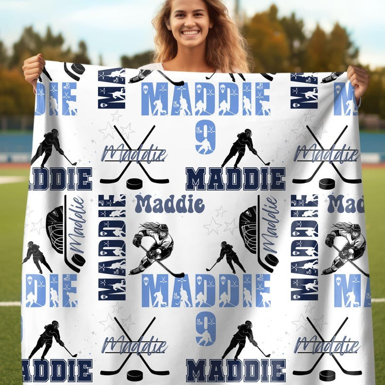 Ice Hockey Girl Personalized Blanket, Custom Name Hockey Throw