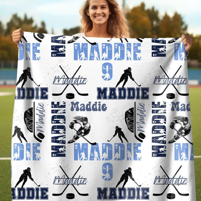 Ice Hockey Girl Personalized Blanket, Custom Name Hockey Throw