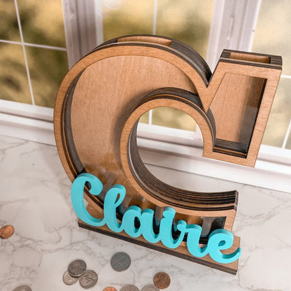 Personalized Letter Piggy Bank: Wooden Initial Coin Bank