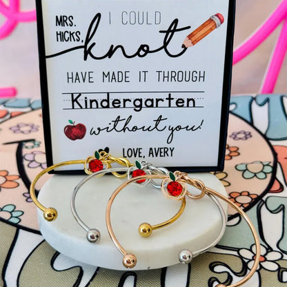 End of Year Teacher Gift Knot Bangle with apple charm, personalized Heart Card!