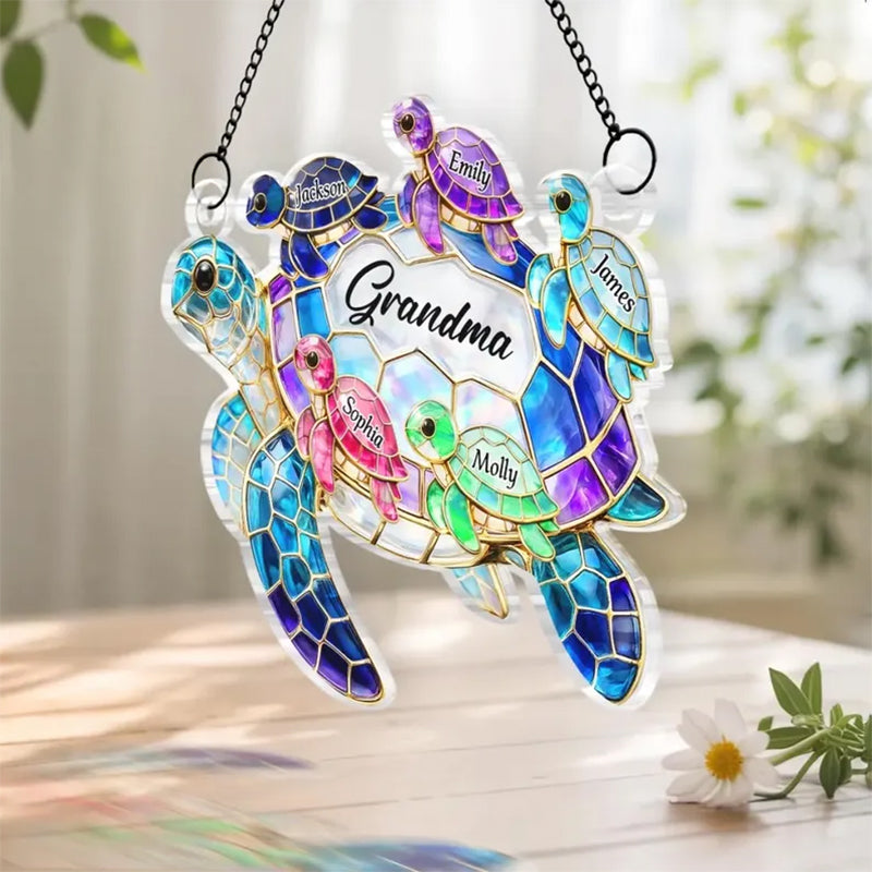 Personalized Turtle Suncatcher for Grandma, Custom Name Window Hanging