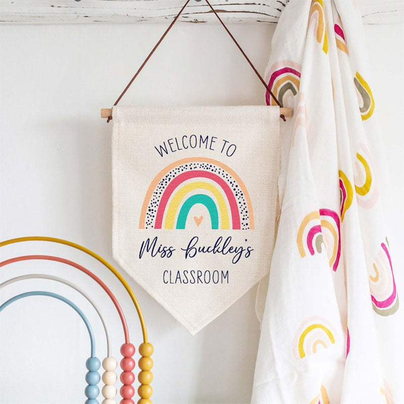 Personalised Teacher Rainbow Classroom Linen Style Hanging Flag
