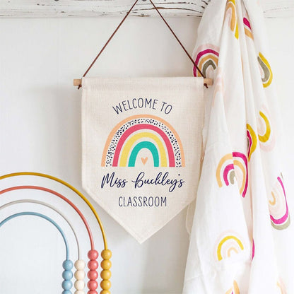 Personalised Teacher Rainbow Classroom Linen Style Hanging Flag