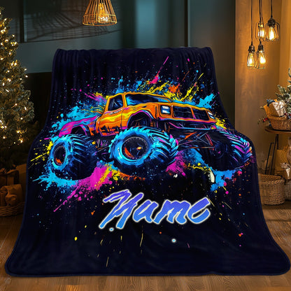 Personalized Monster Truck Flannel Blanket – Custom Name Ink Splitter Design