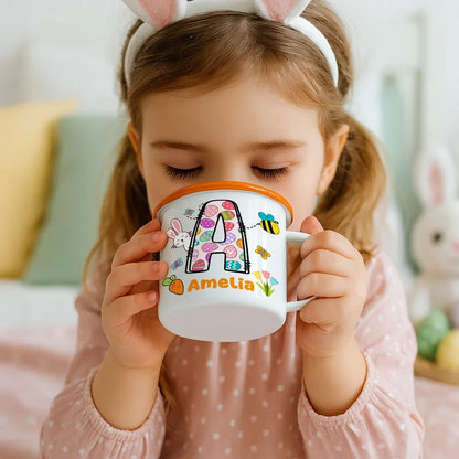 Personalized Cartoon Bunny Easter Eggs Initial 12 oz Enamel Mug