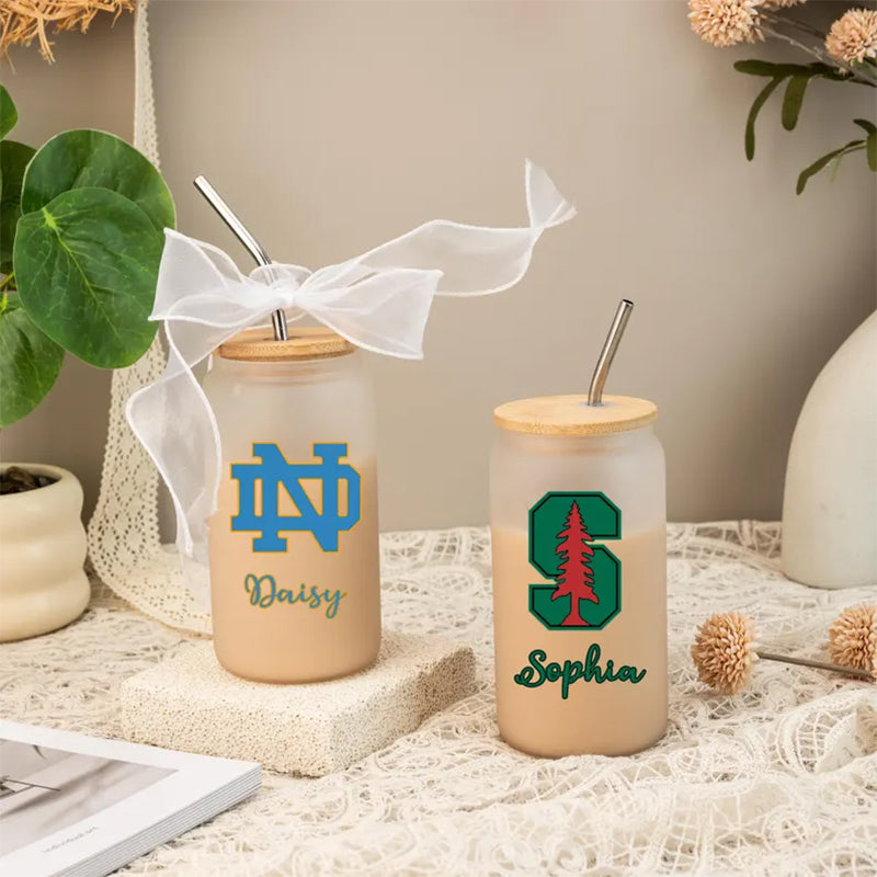 Custom University Logo 16oz Glass, College Iced Coffee Glass Graduation Gift