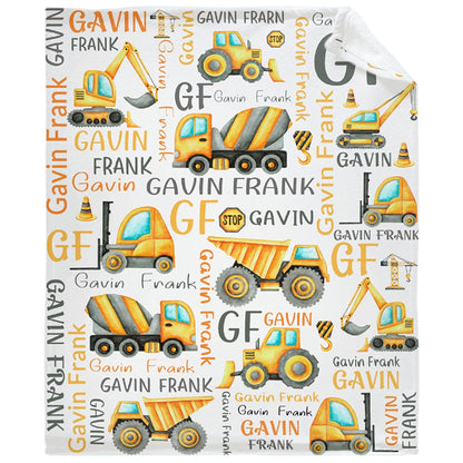 Custom Name Construction Truck Theme Throw Blanket
