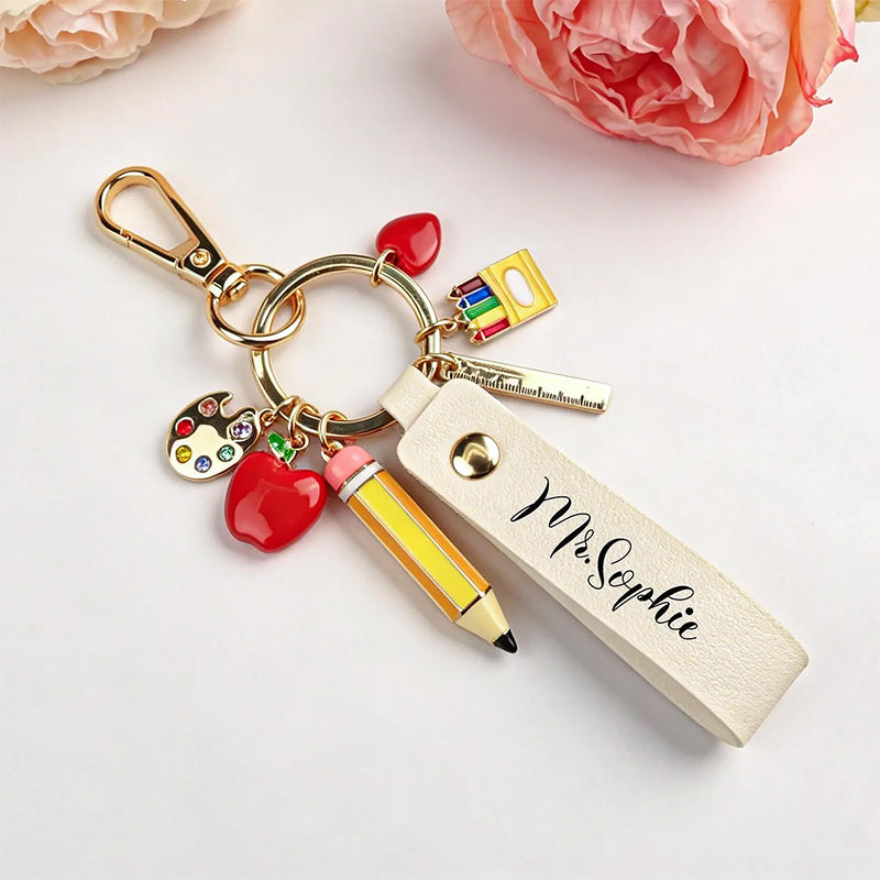 Personalized Teacher Keychain,Teacher Appreciation Gift,Custom Name Leather Keychain