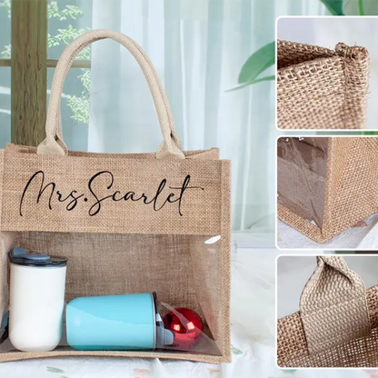 Personalized Teacher Tote Bag, Clear Window Burlap Totes,