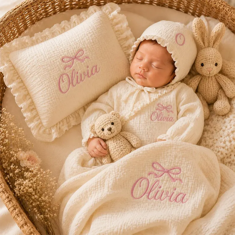 Luxury Personalized Newborn Gift Set, Custom Name Embroidered Muslin Baby Romper,
