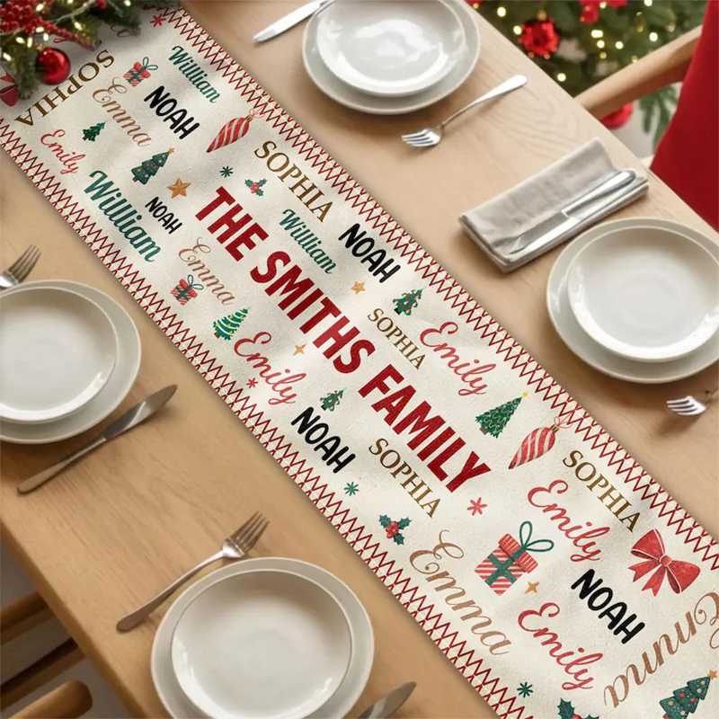 Family Name Word Christmas Theme, Personalized Table Runner