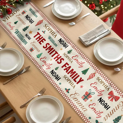 Family Name Word Christmas Theme, Personalized Table Runner