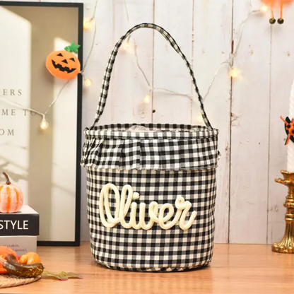 Halloween Basket Ruffle Personalized,Plaid Trick or Treat Bag with Custom Name