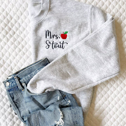 Personalized Teacher Crewneck Sweatshirt | Teacher Name and Apple Zip Popover