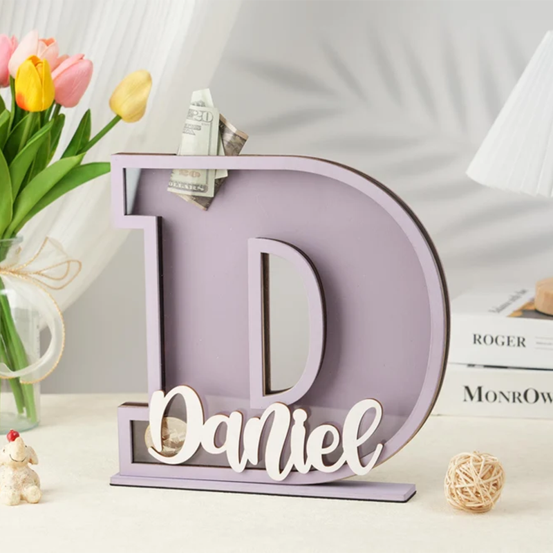 Personalized Letter Piggy Bank: Wooden Initial Coin Bank