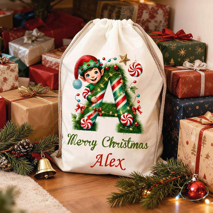 Custom Name Elf & Candy Cane Alphabet Christmas Gift Bag