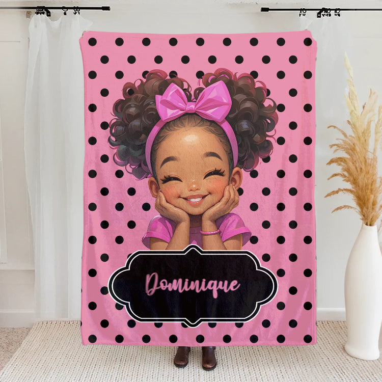 Personalized Polka Dots Cute Cartoon Little Girl Soft Throw Blanket