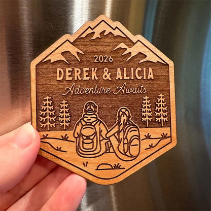 Personalized Hiking Couple Wood Magnet, National Park Couples Gift
