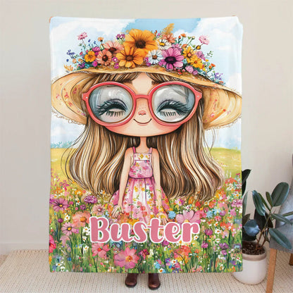 Personalized Cartoon Quirky Flower Girl Throw Blanket with Name